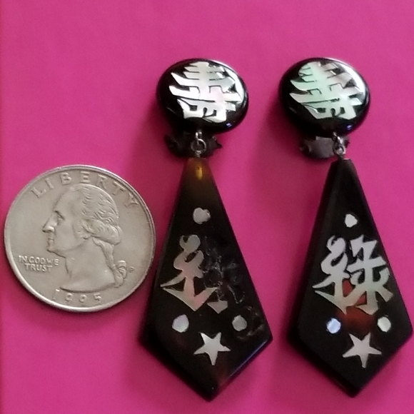Relisted -vintage Chinese inlay clip earrings tortoiseshell - Picture 4 of 12